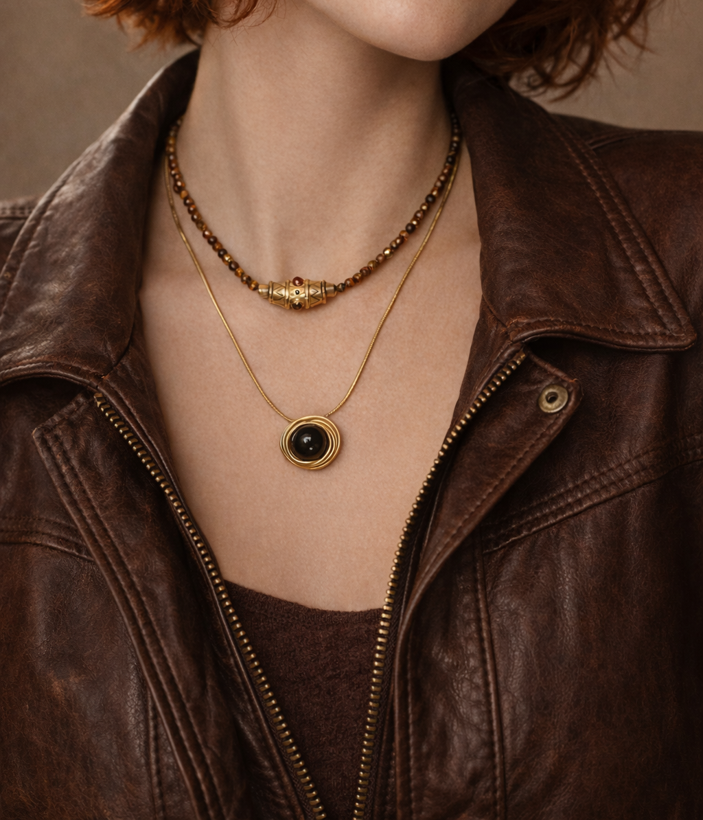 Collier perle œil noir doré