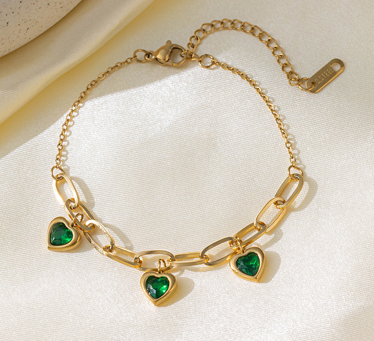 Bracelet Charms Cœurs Vert - plaqué Or 18K