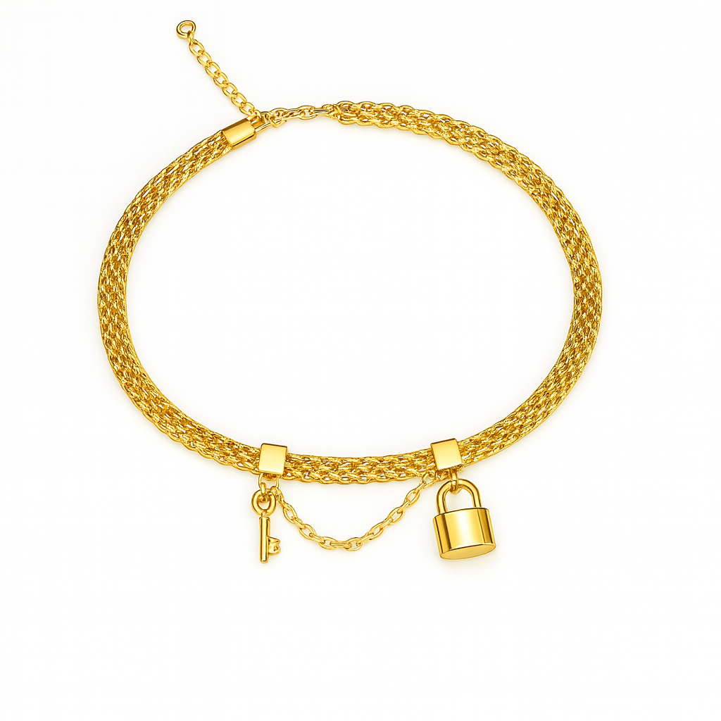 Gold-plated thick chain necklace with padlock and key pendants