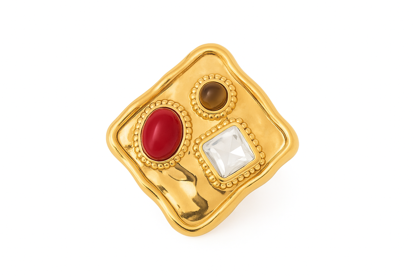 Square gold ring with colored stones