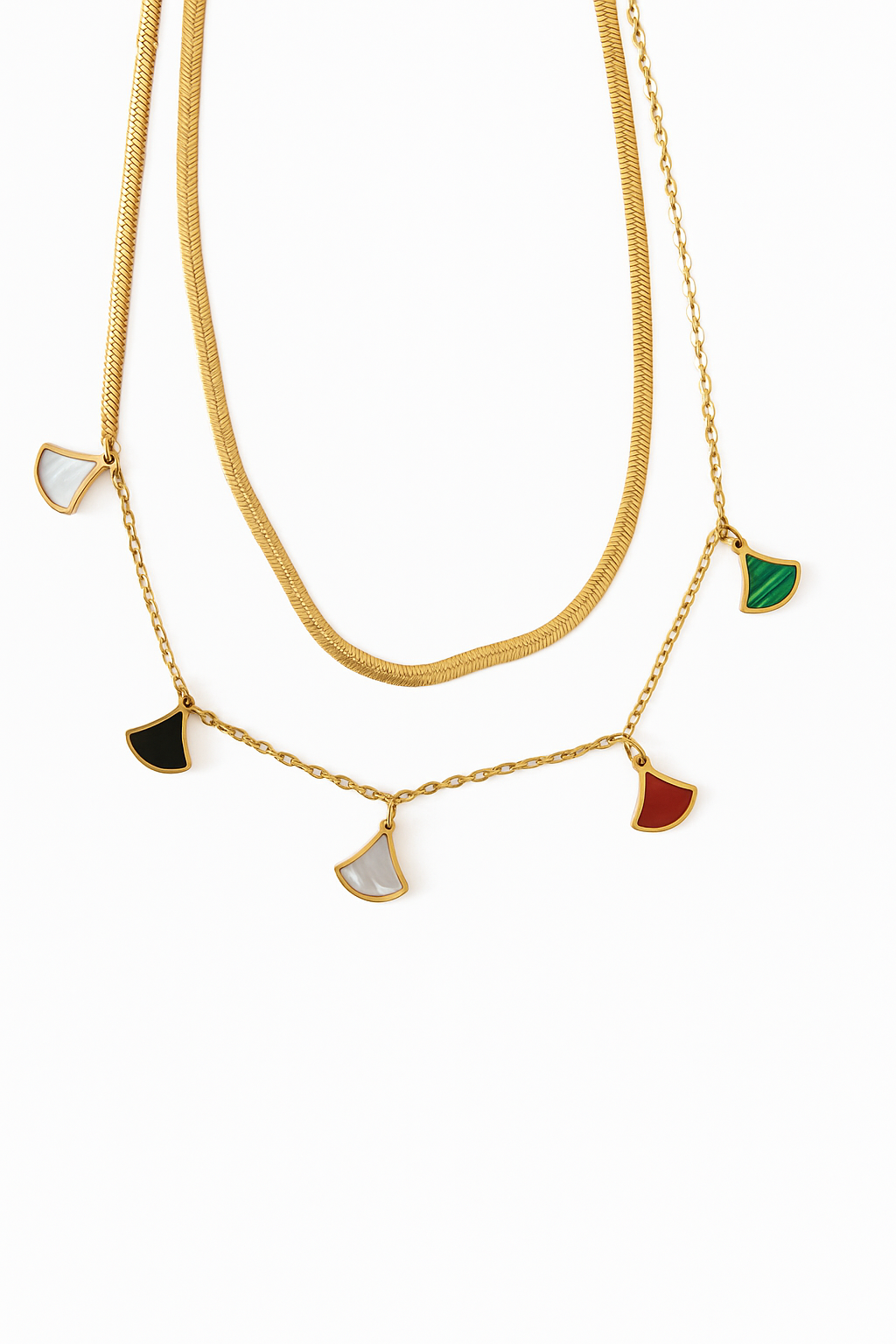 Gold double row necklace – Multicolored fan charms