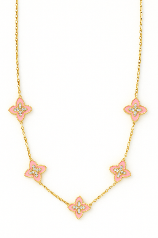 Collier Choker fleurs émaillées roses