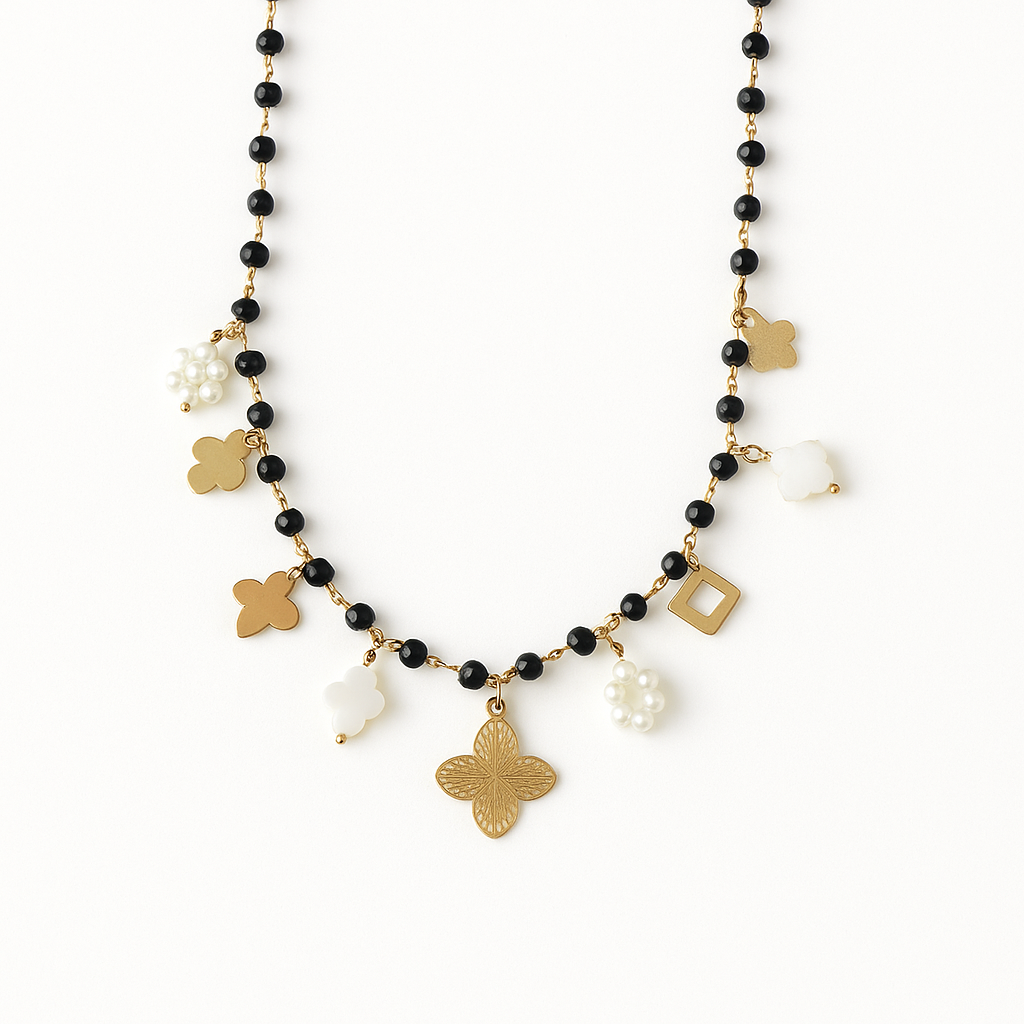 Collier doré perles & trèfles