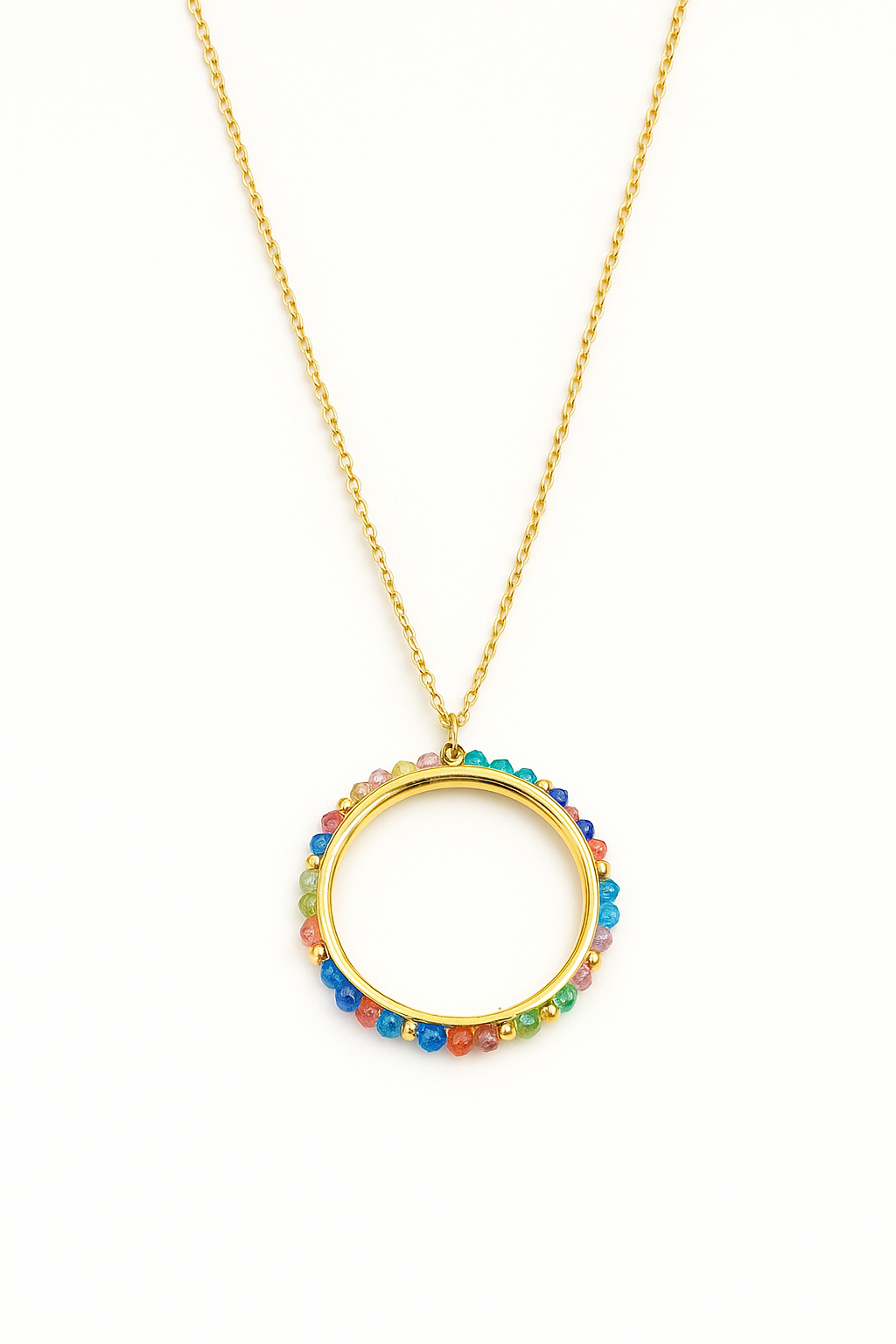 Collier pendentif cercle doré – Perles multicolores