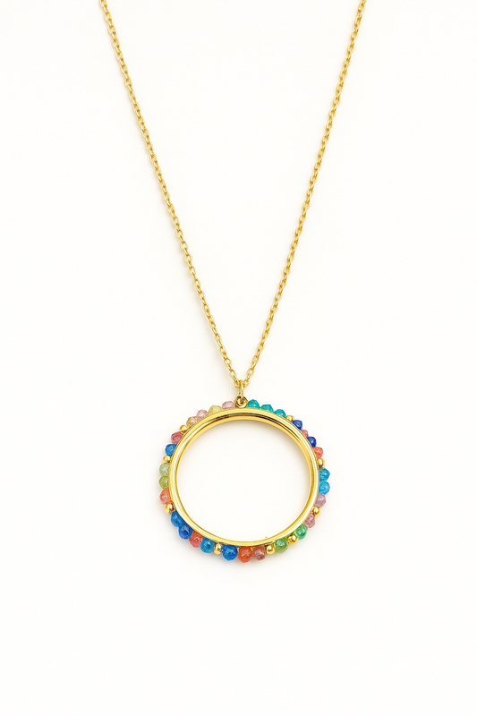 Collier pendentif cercle doré – Perles multicolores