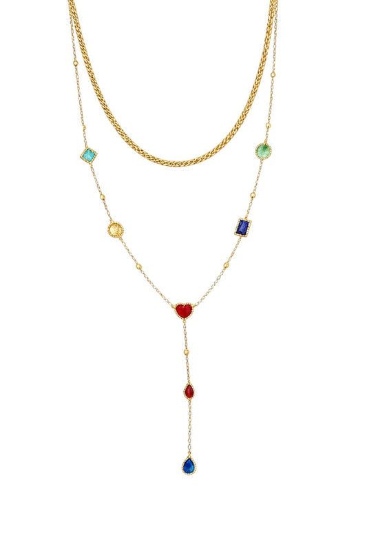 Collar multihebra en forma de Y con piedra de colores