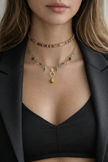 Collier Y pierres naturelles multicolores