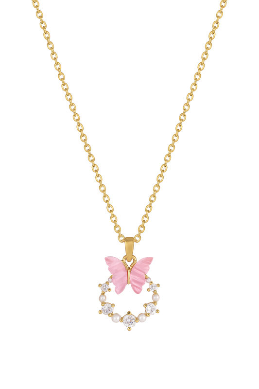 Collier papillon rose