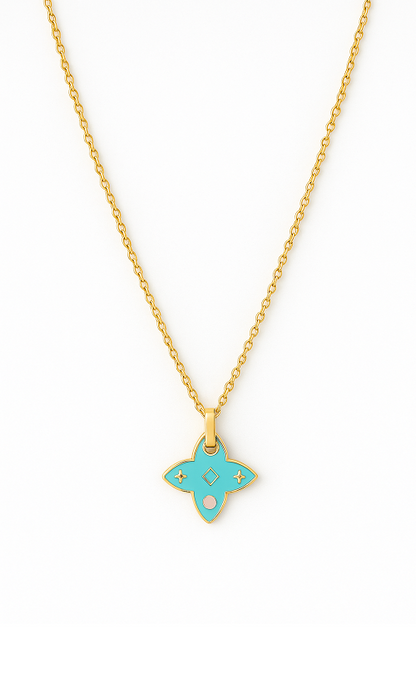 Collier fleur émaillée turquoise