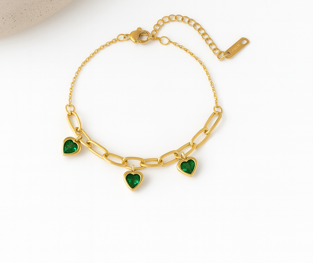 Bracelet Charms Cœurs Vert Émeraude