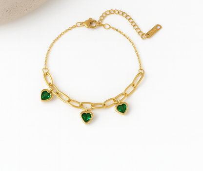 Bracelet Charms Cœurs Vert Émeraude