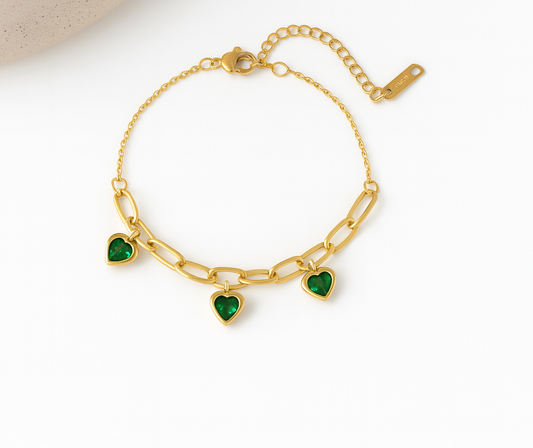 Bracelet Charms Cœurs Vert Émeraude