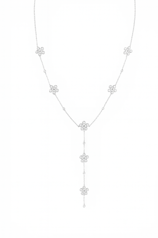 Collier Y argenté fleurs délicates