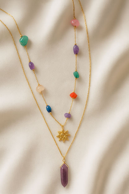Two-row gold necklace with natural stones