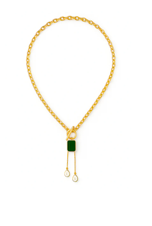 Gold necklace with green stone and crystal tassels - stainless steel