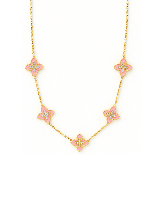 Collier Choker fleurs émaillées roses