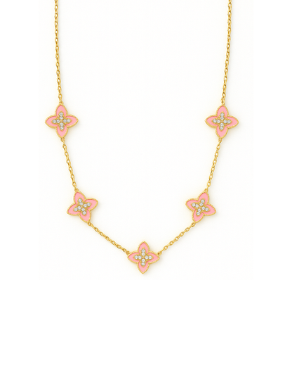 Collier Choker fleurs émaillées roses